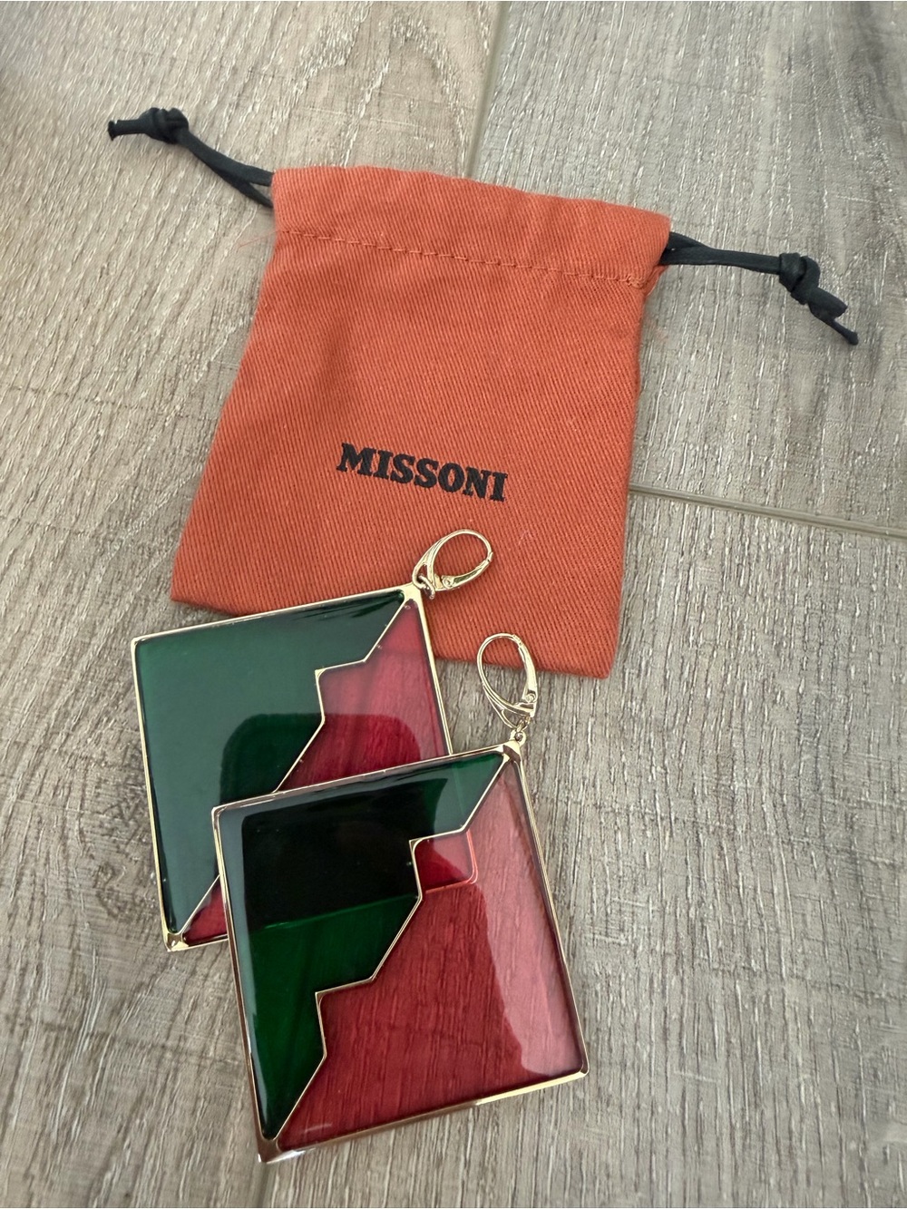 Missoni large Geometric Two-Tone Square Earrings — Deep Green & Plum pink